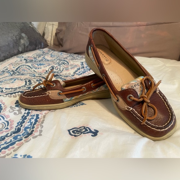 Sperry Topsiders Angelfish Boat Shoes - dark brown leather with blue & tan plaid - Picture 3 of 9